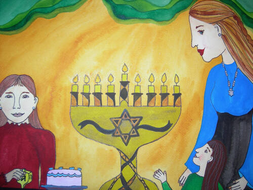 Artwork of mother and child lighting Shabbos candles.