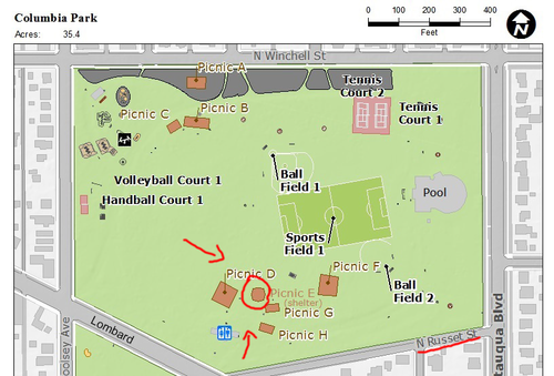 Map of Columbia Park showing Picnic Area E's location