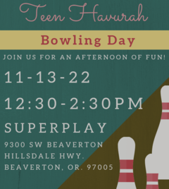 A teal-yellow-pink graphing bowling pins in an alley, with the bowling day info shown. Join us for an afternoon of fun! November 13, 12:30 to 2:30 pm at Superplay, 9300 SW Beaverton-Hillsdale Hwy.